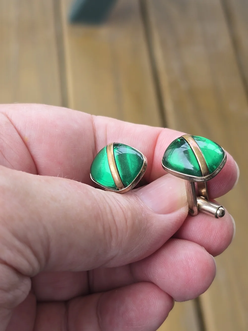 Mens Cuff Links Antique Green Glass and Gold Accent